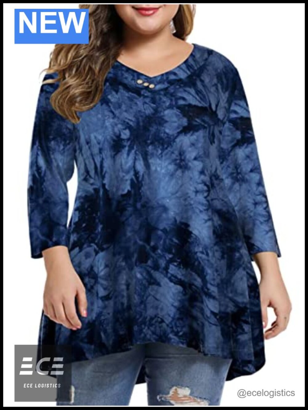 Plus Size Tunic Top 3/4 Sleeve V-Neck Flowy Swing Blouse